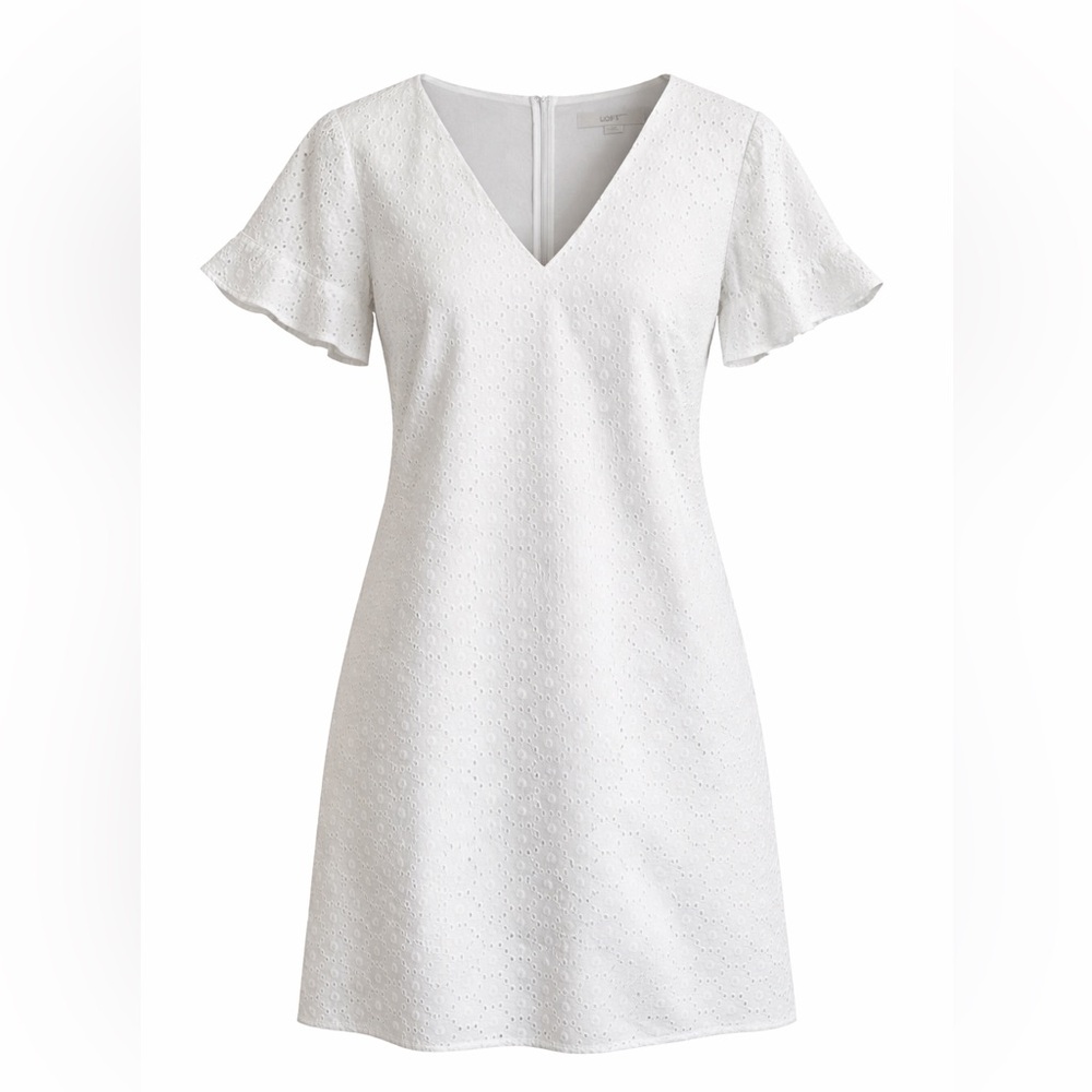 LOFT White Cotton Eyelet V-Neck Shift Dress, Sz 2, Flutter Sleeve, Zip Back